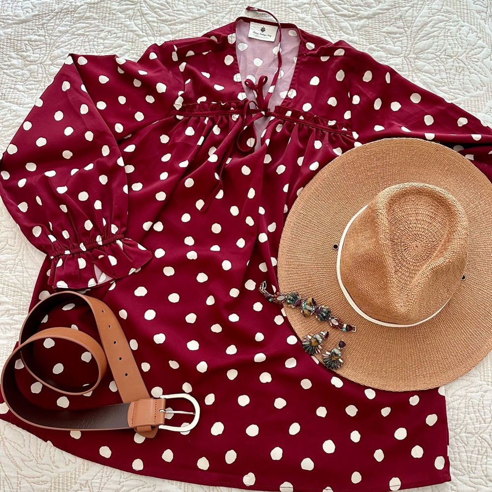 Betsy Boutique Shop burgundy polka dot blouse, size L